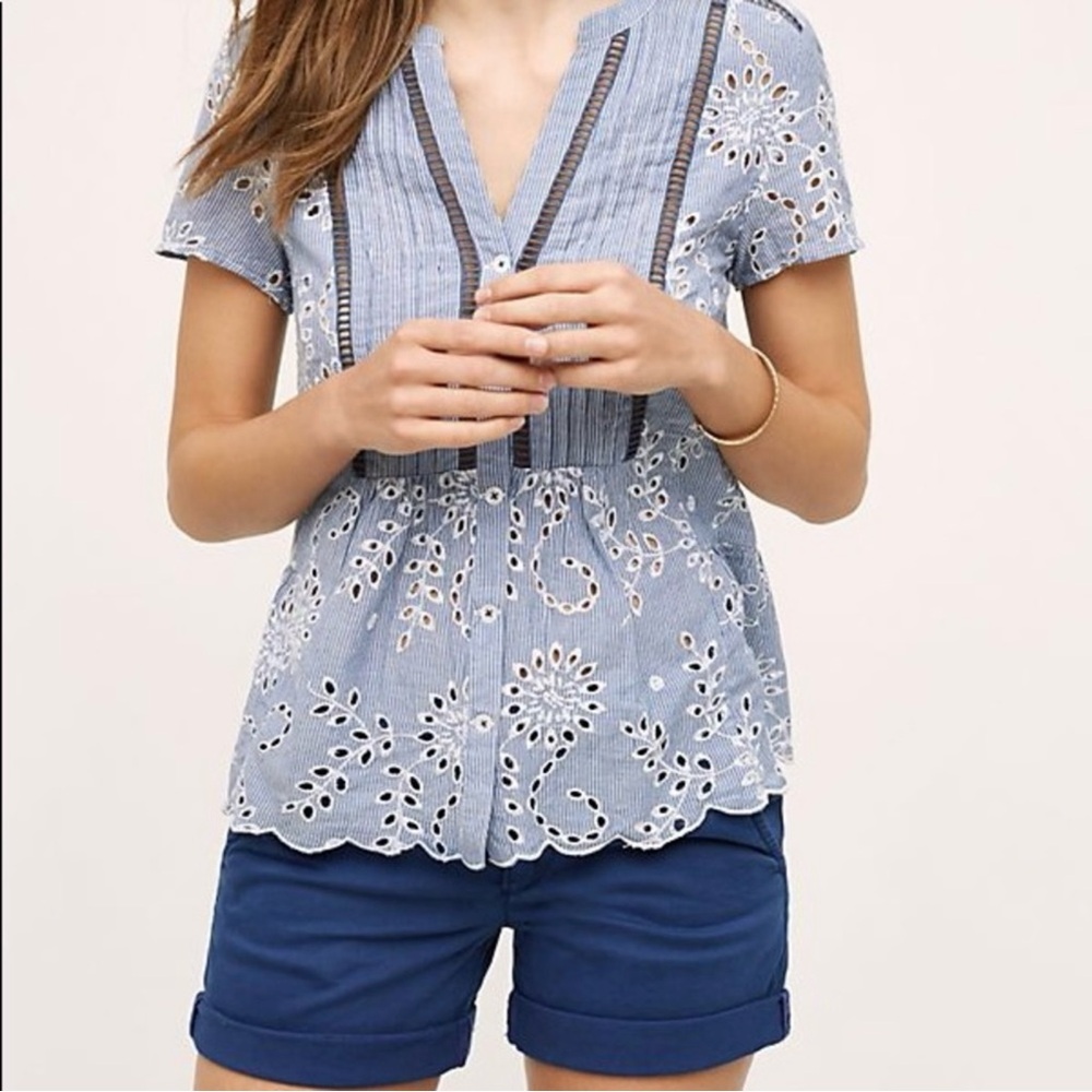 ANTHROPOLOGIE HOLDING HORSES Embroidered Josune Eyelet Peplum Top—SZ. 0